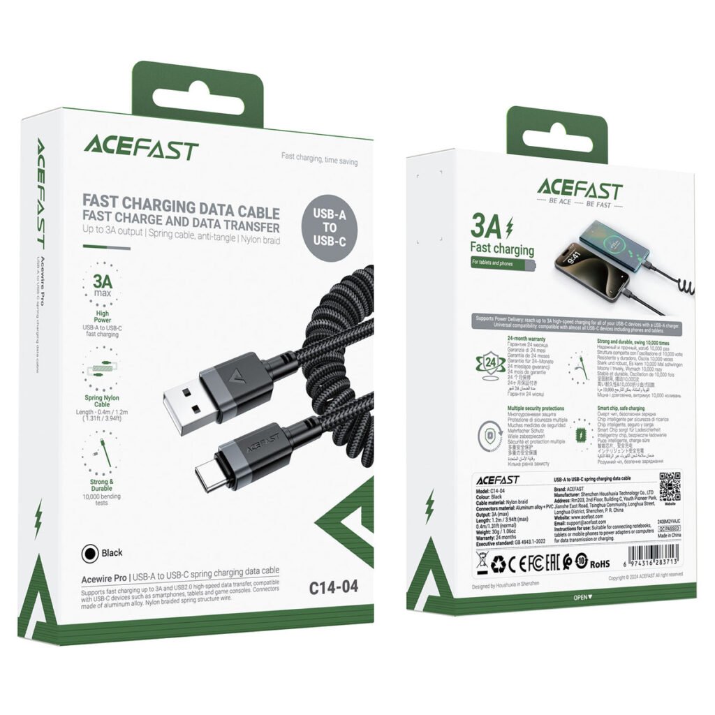 ACEFAST C14-04 USB-A to USB-C Spring Charging Data Cable Black